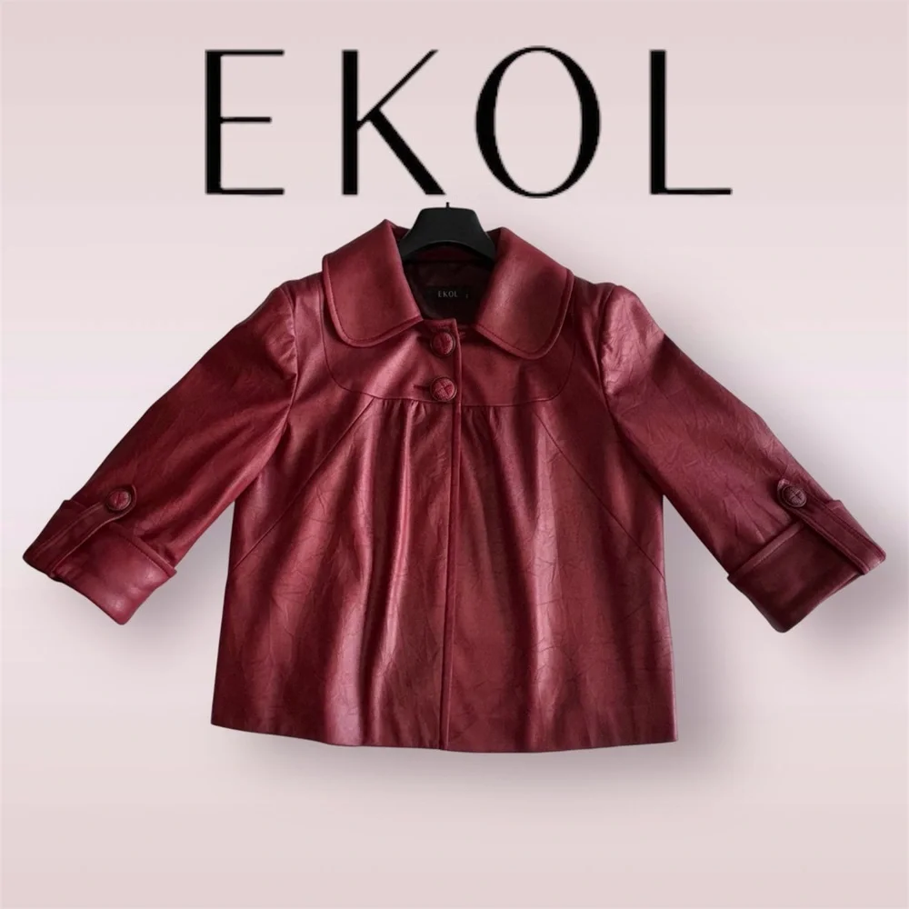 EKOL Women's Faux Leather Textured Hip-length Style Jacket - Picture 4 of 10